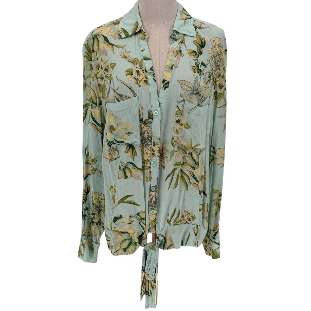 Soho Jeans Floral Button Down Shirt Green Tropical 100% Rayon XL